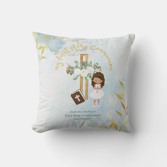Custom First Holy Communion Cute Brown Hair Girl Throw Pillow (Front)