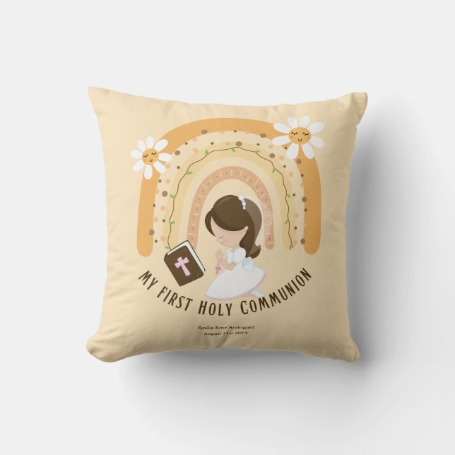 Custom First Holy Communion Cute Brown Hair Girl Throw Pillow (Front)