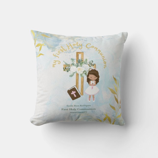 Custom First Holy Communion Cute Brown Hair Girl Throw Pillow (Front)