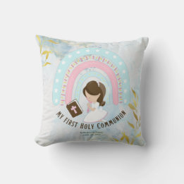 Custom First Holy Communion Cute Brown Hair Girl Throw Pillow