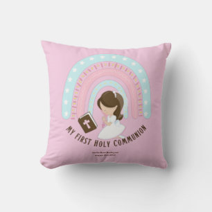 Custom First Holy Communion Cute Brown Hair Girl Throw Pillow