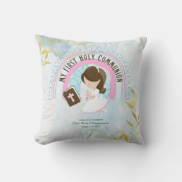 Custom First Holy Communion Cute Brown Hair Girl Throw Pillow