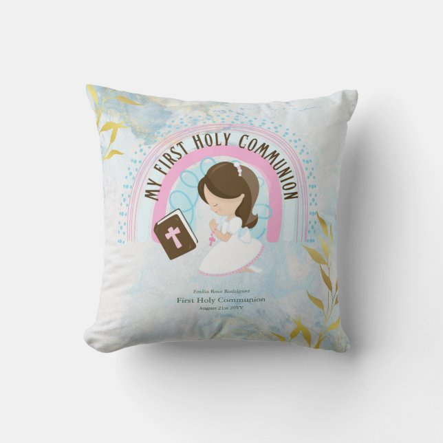 Custom First Holy Communion Cute Brown Hair Girl Throw Pillow (Front)