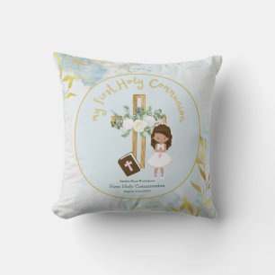 Custom First Holy Communion Cute Brown Hair Girl Throw Pillow