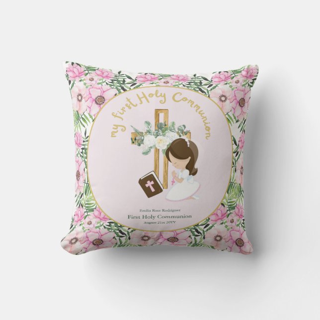 Custom First Holy Communion Cute Brown Hair Girl Throw Pillow (Front)
