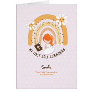 Custom First Holy Communion Cute Red Hair Girl Cards