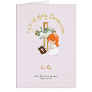 Custom First Holy Communion Cute Red Hair Girl Cards