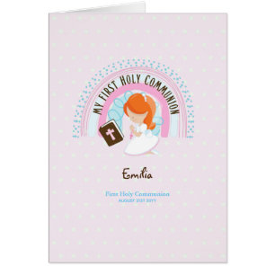 Custom First Holy Communion Cute Red Hair Girl Cards