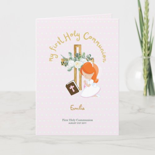 Custom First Holy Communion Cute Red Hair Girl Thank You Card