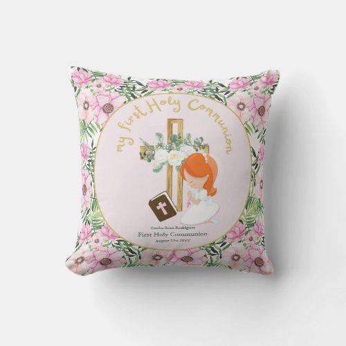 Custom First Holy Communion Cute Red Hair Girl Throw Pillow