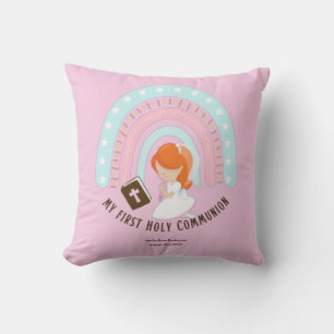 Custom First Holy Communion Cute Red Hair Girl Throw Pillow