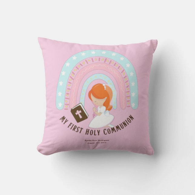 Custom First Holy Communion Cute Red Hair Girl Throw Pillow (Front)