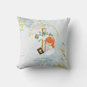 Custom First Holy Communion Cute Red Hair Girl Throw Pillow