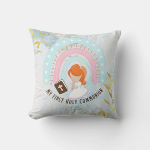 Custom First Holy Communion Cute Red Hair Girl Throw Pillow