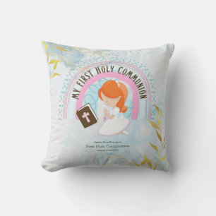 Custom First Holy Communion Cute Red Hair Girl Throw Pillow
