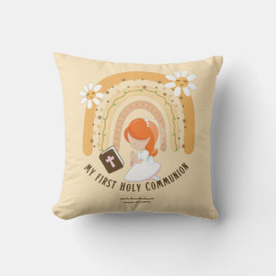 Custom First Holy Communion Cute Red Hair Girl Throw Pillow