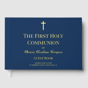 Custom First Holy Communion Elegant Catholic Blue Foil Guest Book