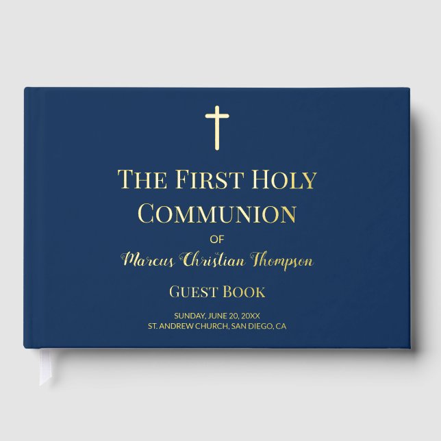 Custom First Holy Communion Elegant Catholic Blue Foil Guest Book (Front)