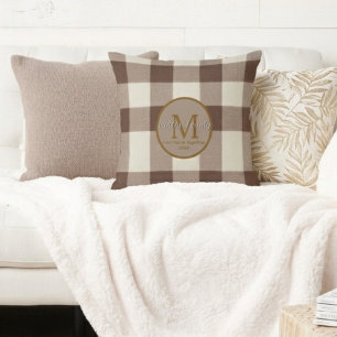 Custom First Home Brown Buffalo plaid monogram Throw Pillow