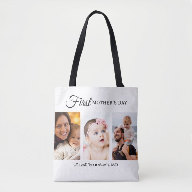 Custom First Mother’s Day Photo Collage New Mom Tote Bag (Front)