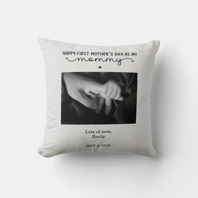 Custom First Mother's Day Photo Cute Minimalist Throw Pillow (Front)