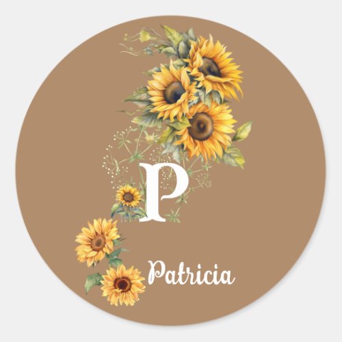 Custom First Name and Initial Sunflowers Yellow Classic Round Sticker