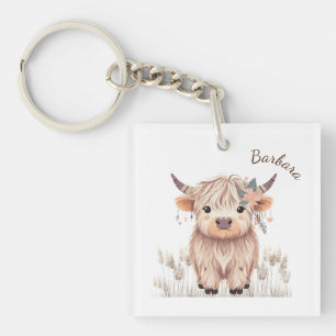 Custom First Name Cute Modern Boho Highland Cow Keychain