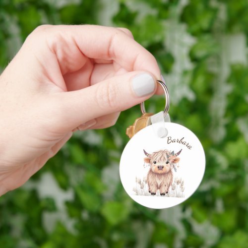 Custom First Name Cute Modern Boho Highland Cow Keychain