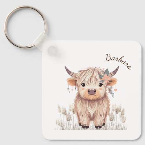 Custom First Name Cute Modern Boho Highland Cow Keychain