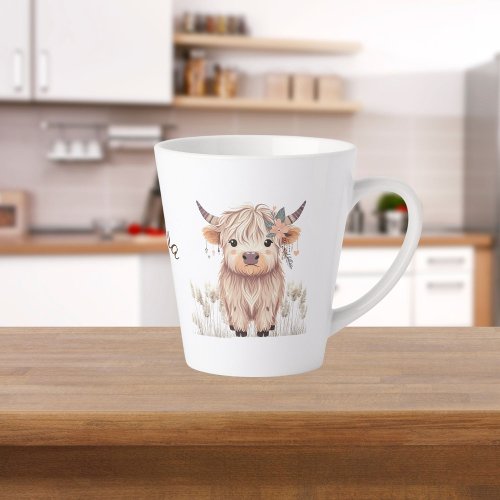 Custom First Name Cute Modern Boho Highland Cow Latte Mug