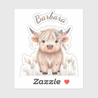 Custom First Name Cute Modern Boho Highland Cow Sticker