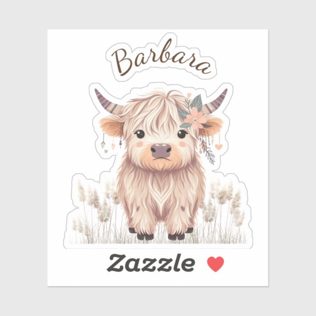 Custom First Name Cute Modern Boho Highland Cow Sticker (Sheet)