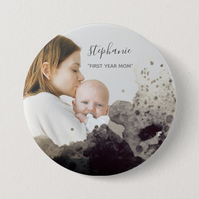 Custom First Year mom Photo Sparkling Overlay Button (Front)