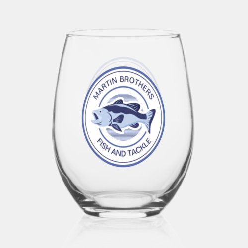 Custom Fish and Tackle Shop Blue Fisherman Stemless Wine Glass