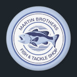 Custom Fisherman Blue Bass Fishing Magnet<br><div class="desc">Customize this family fishing shop magnet for a fish and tackle shop to use for store marketing. A cool periwinkle and navy blue fisherman design with an open mouthed bass and your custom text or last name.</div>