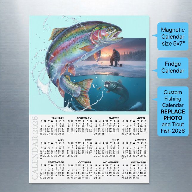 Custom Fishing Fridge Calendar 2026 / Your Photo (Fishing Calendar 2026 / Custom Photo / Trout Fish / Fridge)