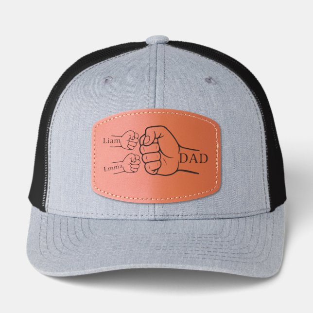 Custom Fist Bump Dad & Kids Names Leather Patch Hat (Front)