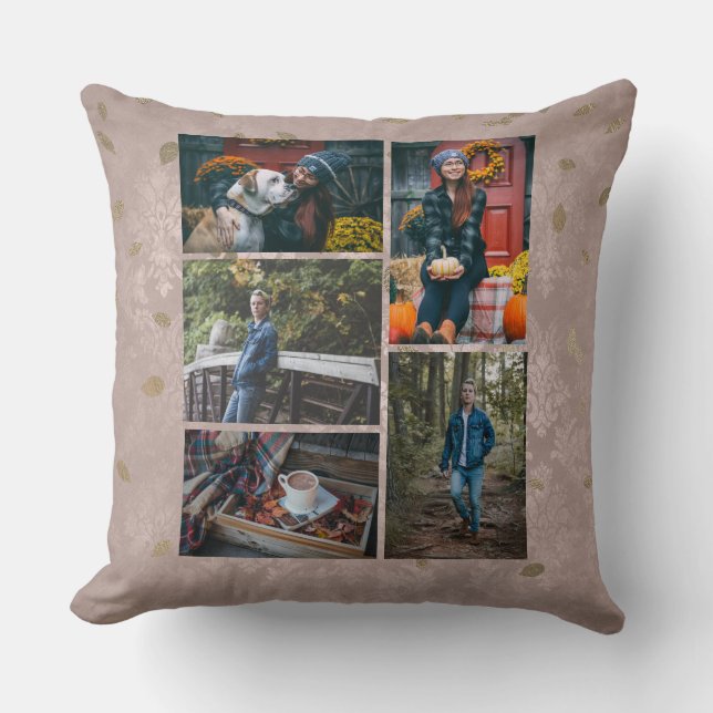 Custom / Five Photo Collage Glam Rose Gold Leaves Throw Pillow (Front)