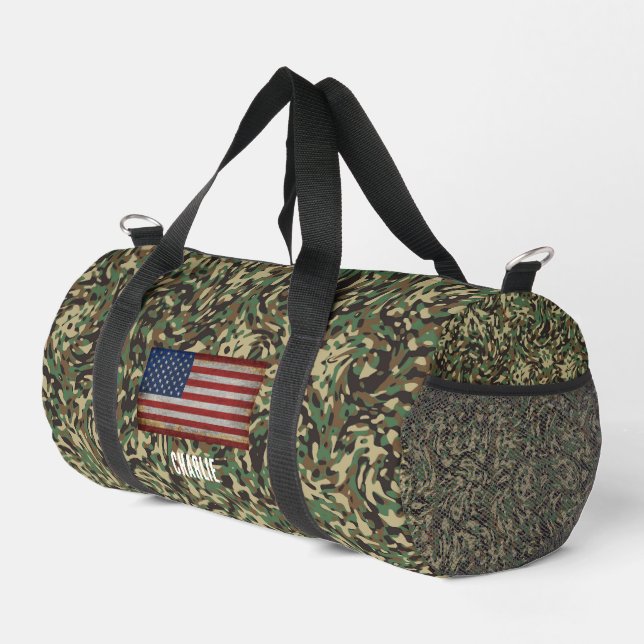 Custom Flag Camouflage Green Personalized Name Duffle Bag (Right Corner)