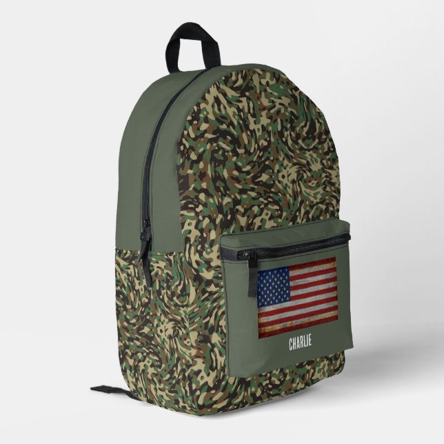 Custom Flag Camouflage Green Personalized Name Printed Backpack (Back Corner Left)
