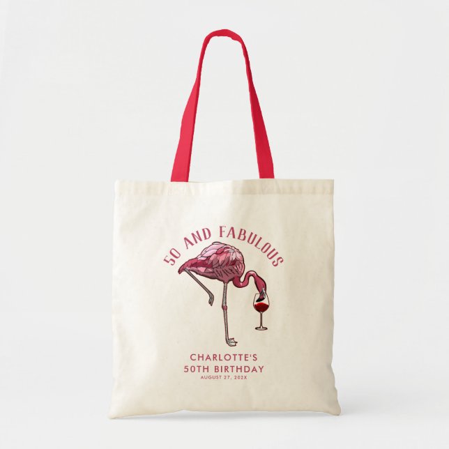 Custom Flamingo 50th Birthday Fifty and Fabulous Tote Bag (Front)