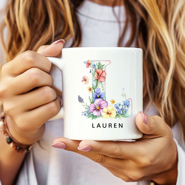Custom Floral Alphabet Mug for Bride or Bridesmaid (Custom Monogram Name Mug for Mom or Bridesmaids, Custom Floral Alphabet Mug for Teacher or Nurse)