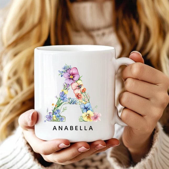 Custom Floral Alphabet Mug for Her Mom Grandma (Custom Floral Initial Mug Name Gift, Custom Floral Alphabet Mug for Her, Monogram Flower Mug Gift)