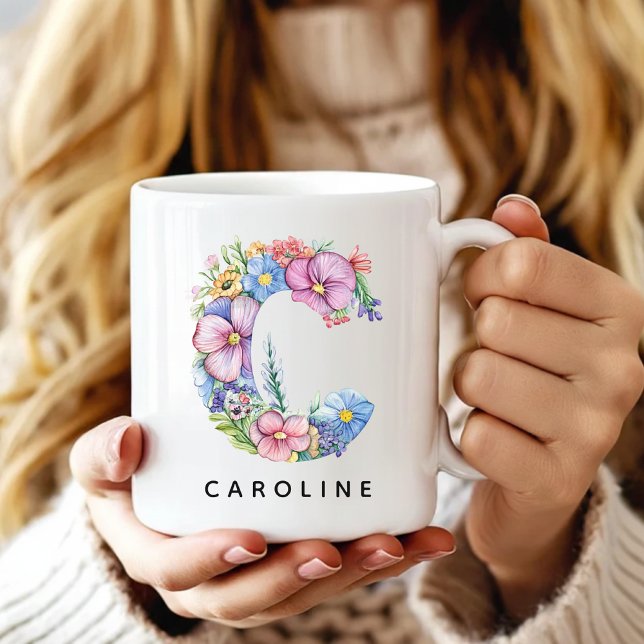 Custom Floral Alphabet Mug for Her, Teacher Gift (Custom Monogram Name Mug for Mom, Custom Floral Alphabet Mug for Her or Bridesmaids)