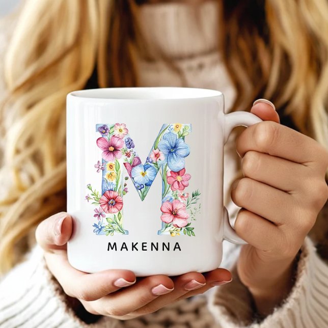 Custom Floral Alphabet Mug Gift for Bridal Shower (Custom Monogram Name Mug for Mom or Bridesmaids, Custom Floral Alphabet Mug for Teacher or Nurse)