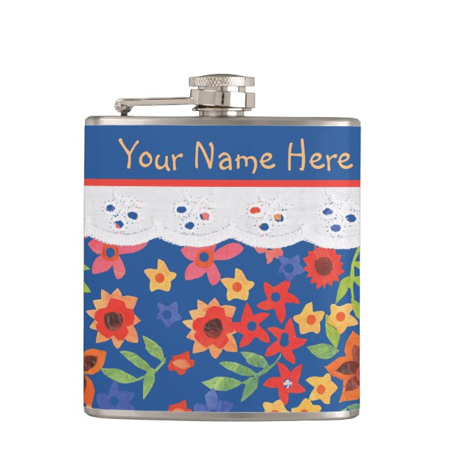 Custom Floral and Faux Lace on Blue Hip Flask (Front)