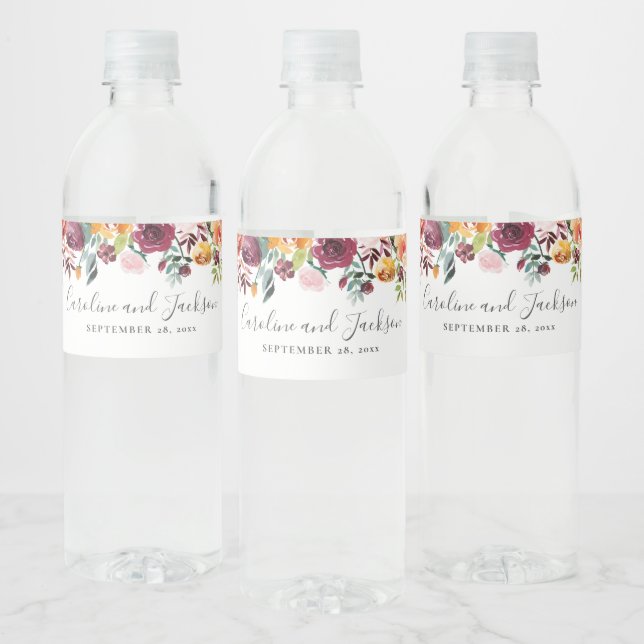 Custom Floral Autumn Wedding Water Bottle Label (Bottles)