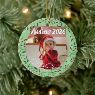 Custom Floral baby's first Christmas Photo Ceramic Ornament