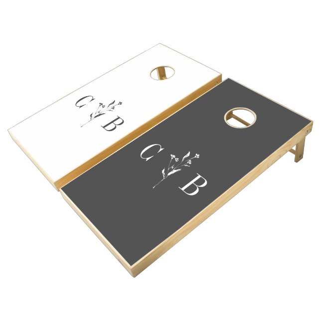 Custom Floral Black White Monogram Initial Wedding Cornhole Set (Angled)
