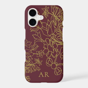 Custom Floral Burgundy Gold Line Art Hand Drawn iPhone 17 Case